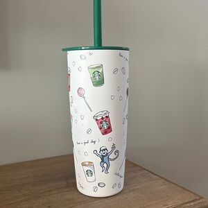 Starbucks Playful White Tumbler with Green Lid and Straw Christmas Roller Rabbit